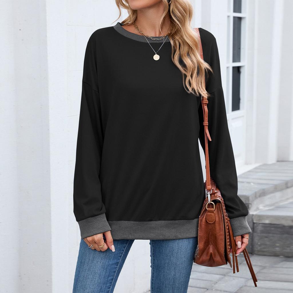Women's Fashionable Color Blocked Round Neck Long Sleeved Casual Hoodie Top