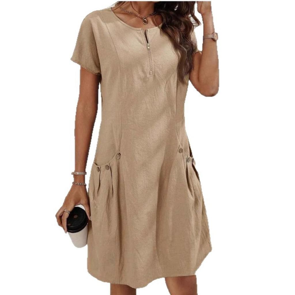 Ladies' Summer Casual Dress with Zipper Half Placket, Button Decoration, and Double Pocket Loose Fit, Cute Summer Jumpsuit