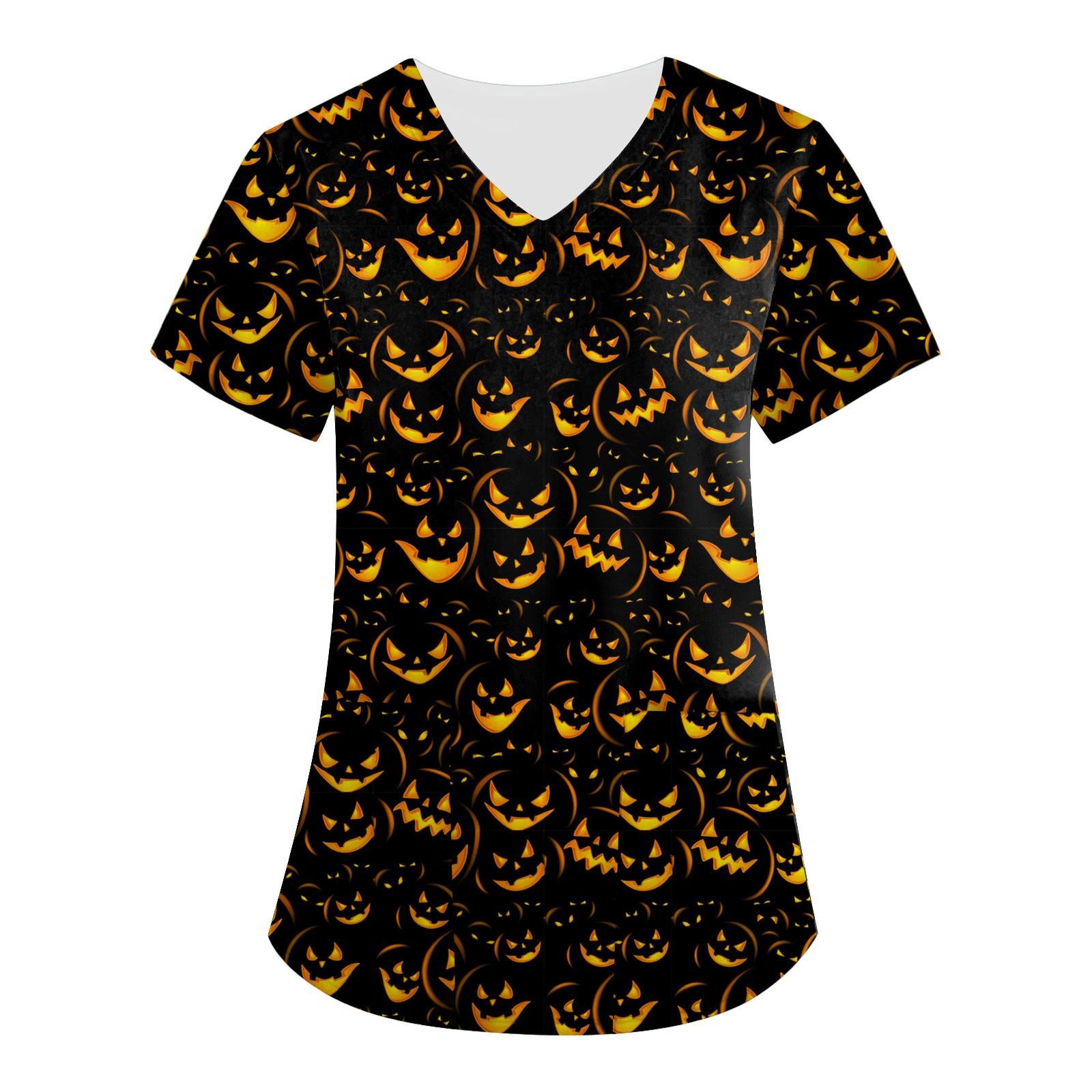 

(SU)Женские топы с короткими рукавами и v-образным вырезом с принтом на Хэллоуин, рабочая блузка с карманами