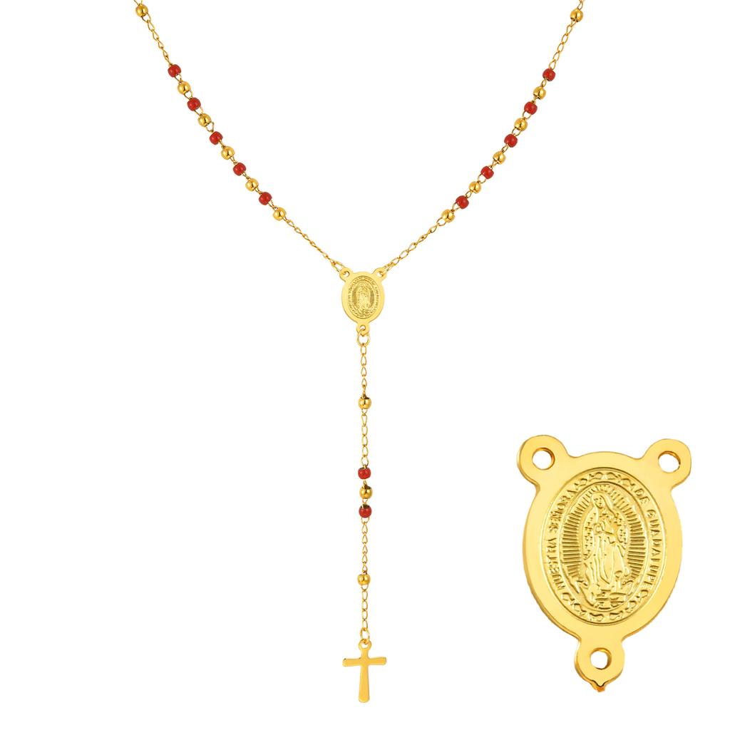 Farbige Perlen Jungfrau Y-förmige Halskette für Damen, Edelstahl Kreuz Gebet Katholische Rosenkränze Halsketten, Heiliges Schmuckstück Geschenk