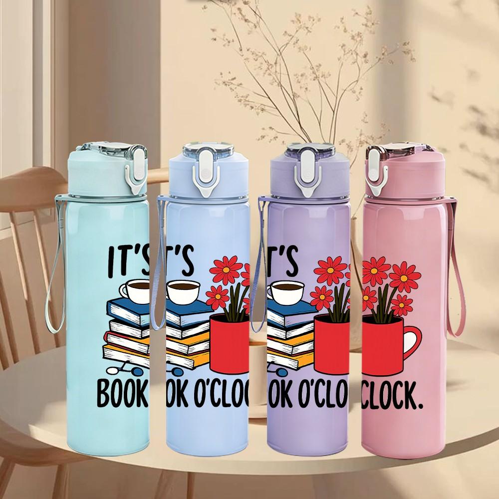 1PC Its Book OClock Mug Flower Art 750ml Color Plastic Sports Water Bottle Leakproof Flip Straw Lid Suitable for Sports Office Home Use