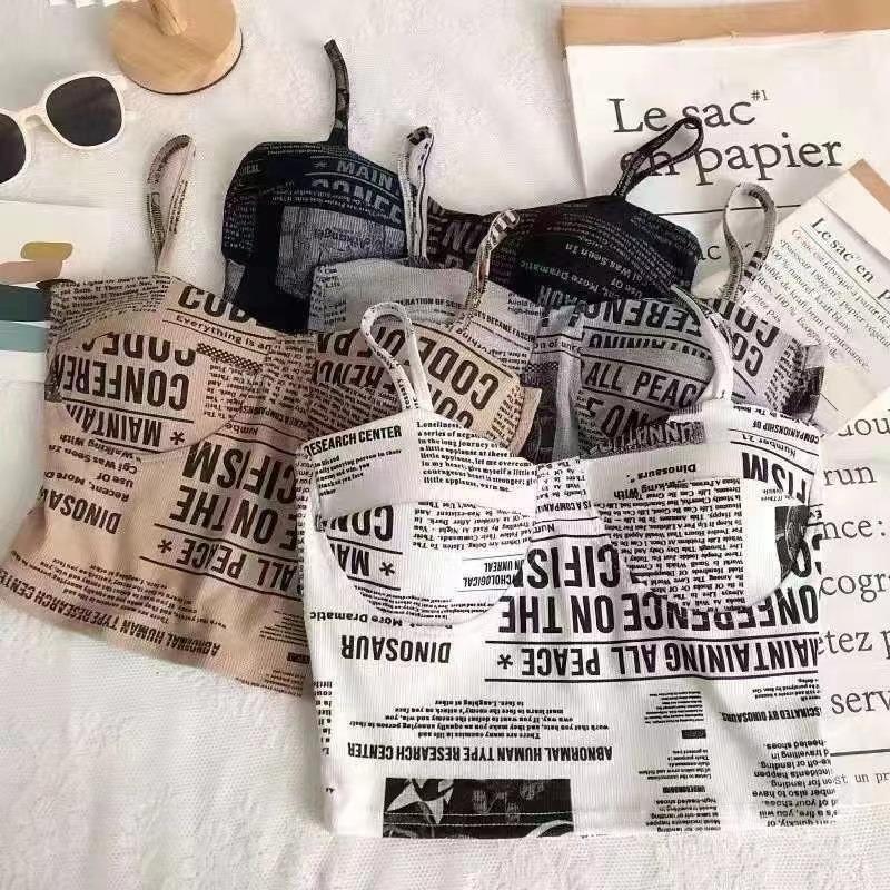 Women Push Up Camisole Padded Bra Sexy Top Suspender Tanks Fashion Printed Newspaper Female Soft Sleeveless Tube Tops