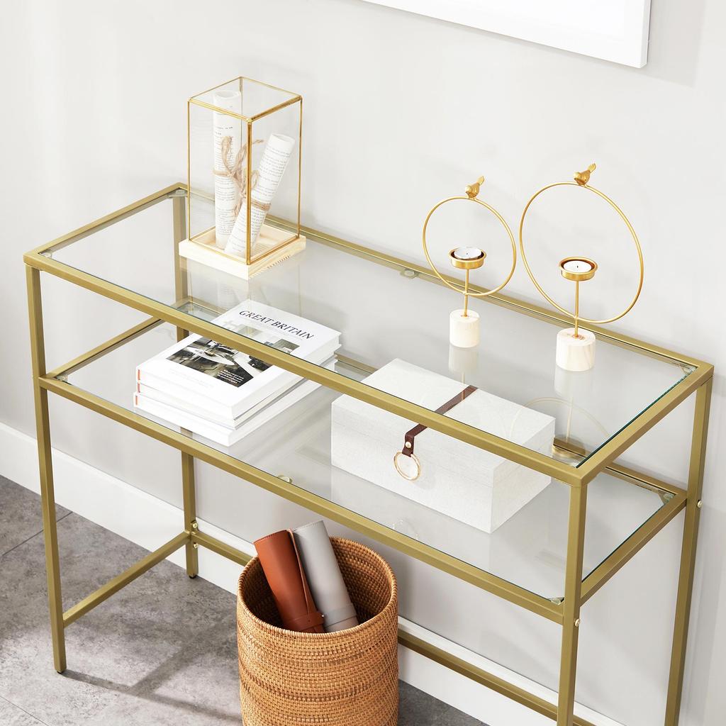 VASAGLE Console Table, Tempered Glass Table, Modern Sofa or Entryway Table, Metal Frame, 2 Shelves, Adjustable Feet, for Living Room, Hallway