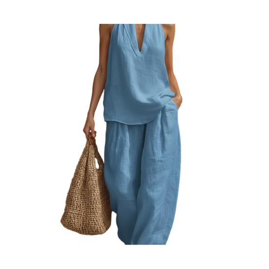 Dámský dvoudílný top s halter výstřihem bez rukávů, outfit s vysokým pasem, kalhoty s V-výstřihem, ležérní volné kalhoty, letní domácí oblečení