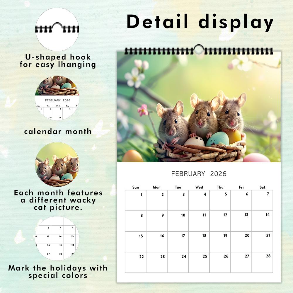 1 st 2026 Väggkalender, Söt Musdesign, 12 Unika Mönster, Humoristisk Daglig Planerare, Perfekt Gåva för Födelsedagar, Jul