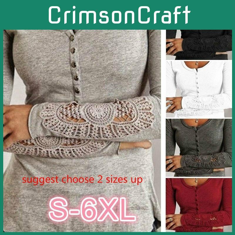 Elegante Damen Casual Hohlspitze Langarmbluse mit Rundhalsausschnitt