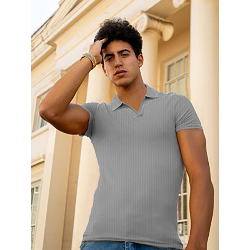 Men's Slim Fit Short Sleeve Polo Shirt Ribbed Knit Collar