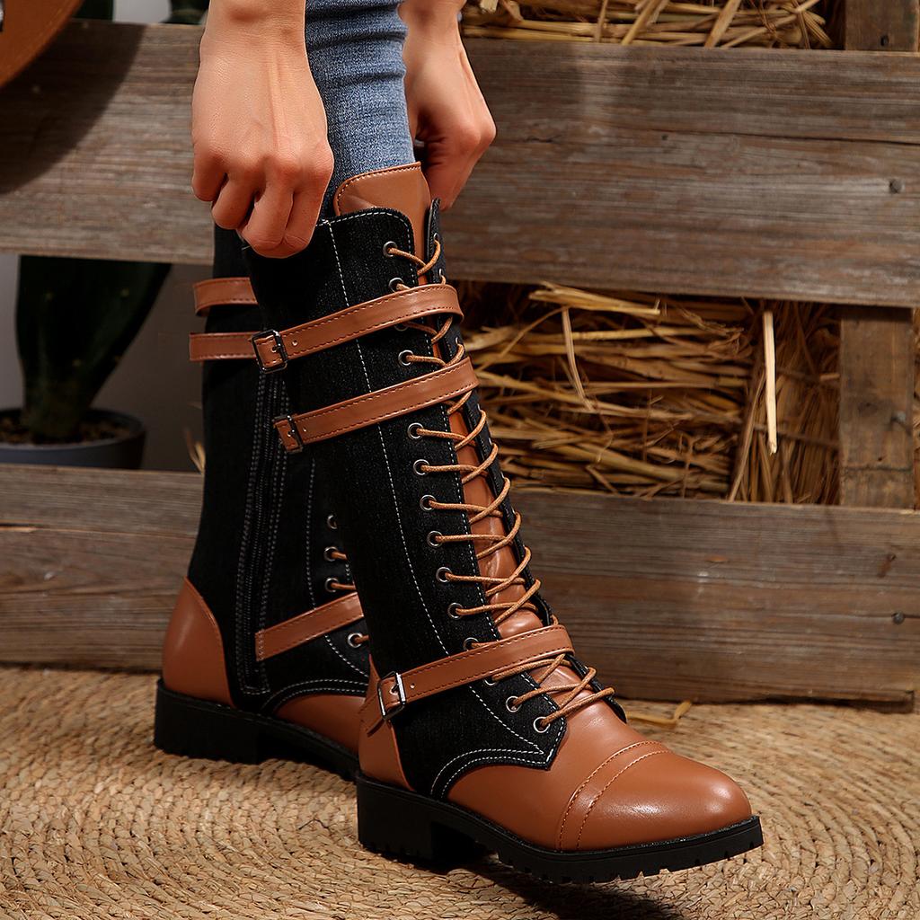 Chunky Harness Combat Boots for Women,Wide Calf Round Toe Lace Up Leather Mid Heel Boots for Fall