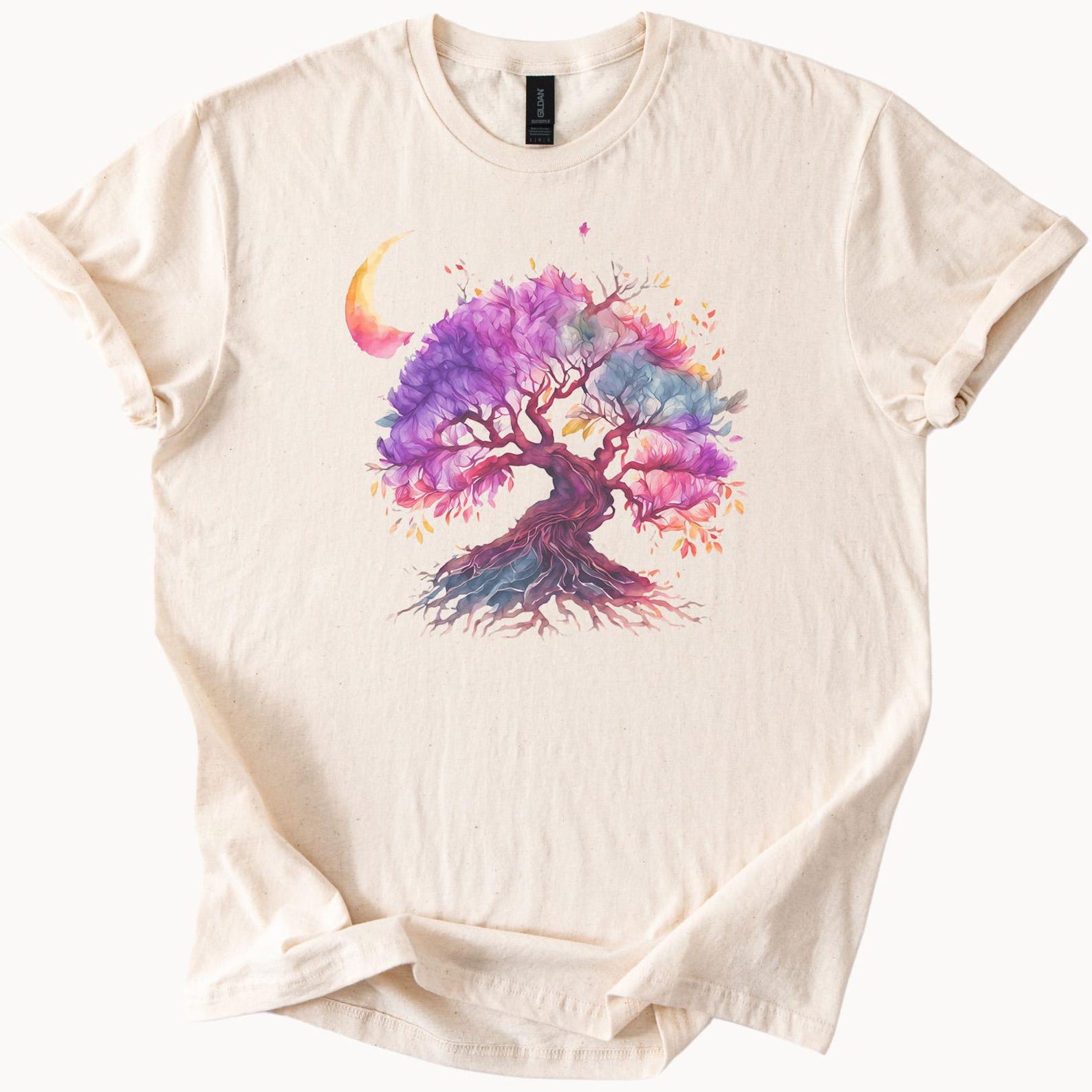 Colorful Bonsai Tree Graphic Shirt Watercolor Nature Art Tee Unique Abstract Tree Roots Moon Design Artistic Forest TShirt Gift 100