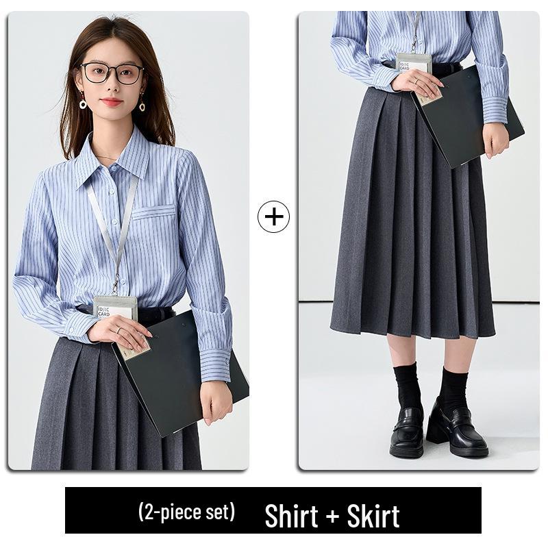 Damen Blau Gestreiftes Slim Fit Collegehemd für Zierliche Studentinnen