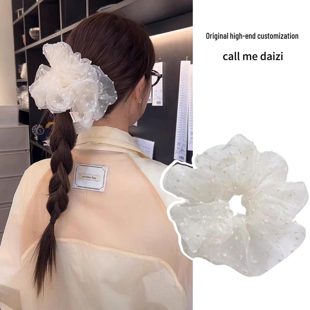 Extra Large White Polka Dot Mesh Korean Scrunchie for Voluminous Buns & Ponytails
