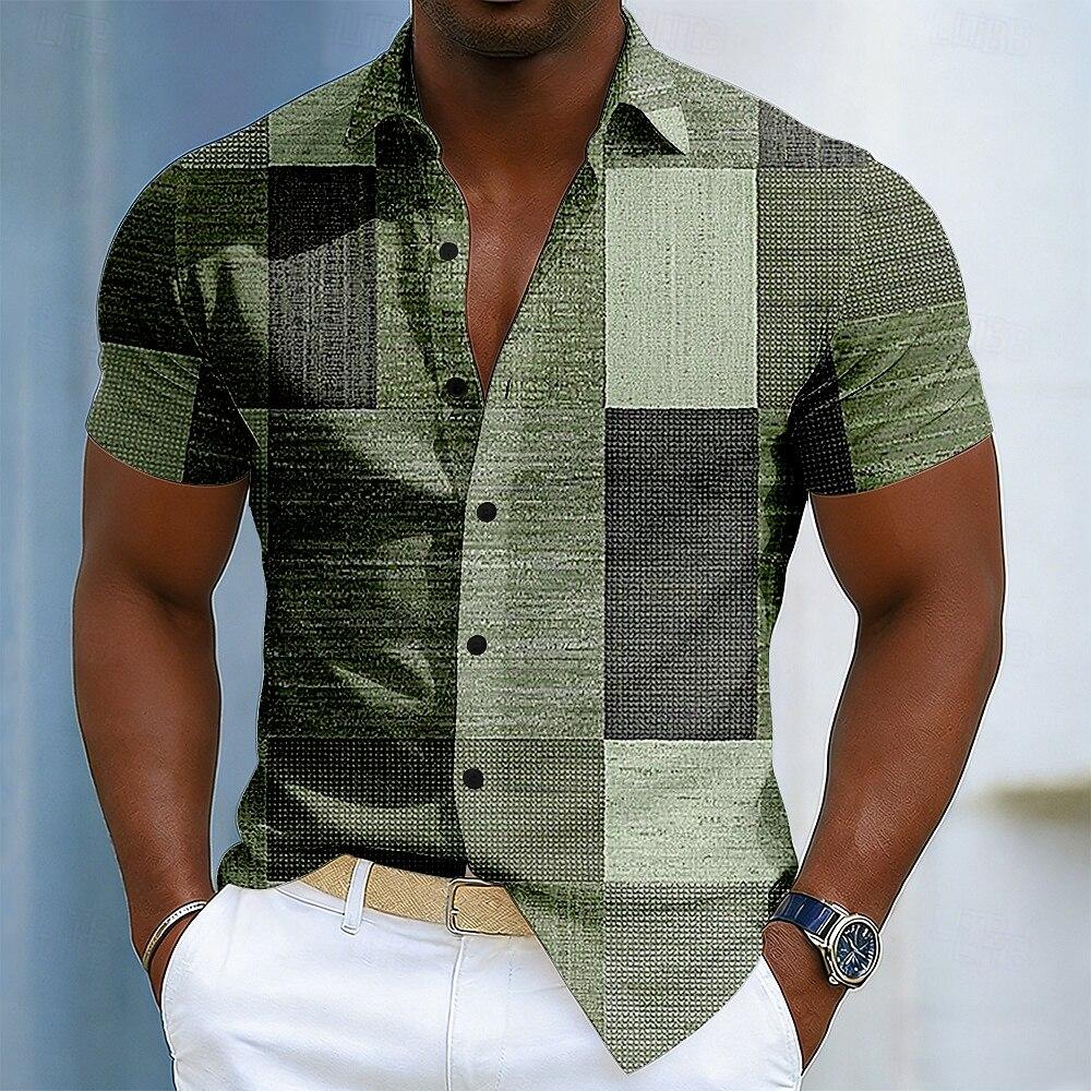 Men's Short Sleeve Turndown Collar Button Up Shirt, Geometric Color Block Patchwork 3D Print Design, Spring & Summer Vacation