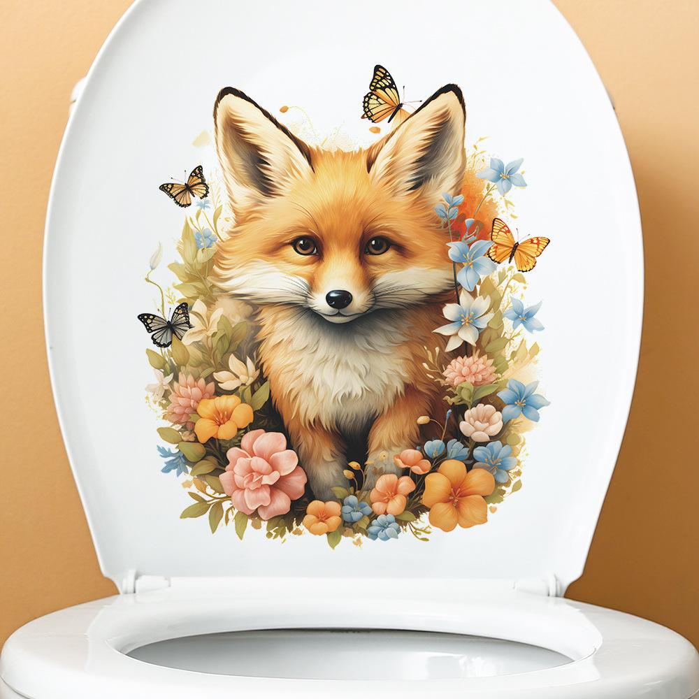 Hand Painted Fox with Flowers and Butterfly Toilet and Wall Sticker Set Waterproof Self-Adhesive Removable Decal for Bathroom WC Wall Decoration