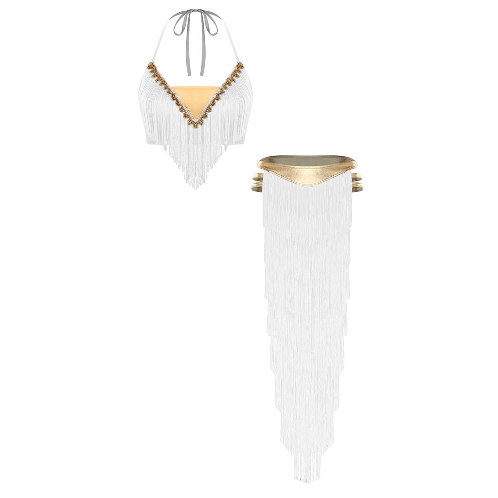 Womens Fringed Dance Outfit Halter Top Lace Up Gold Trim Crop Top Irregular Hem Slit Tiered Skirt