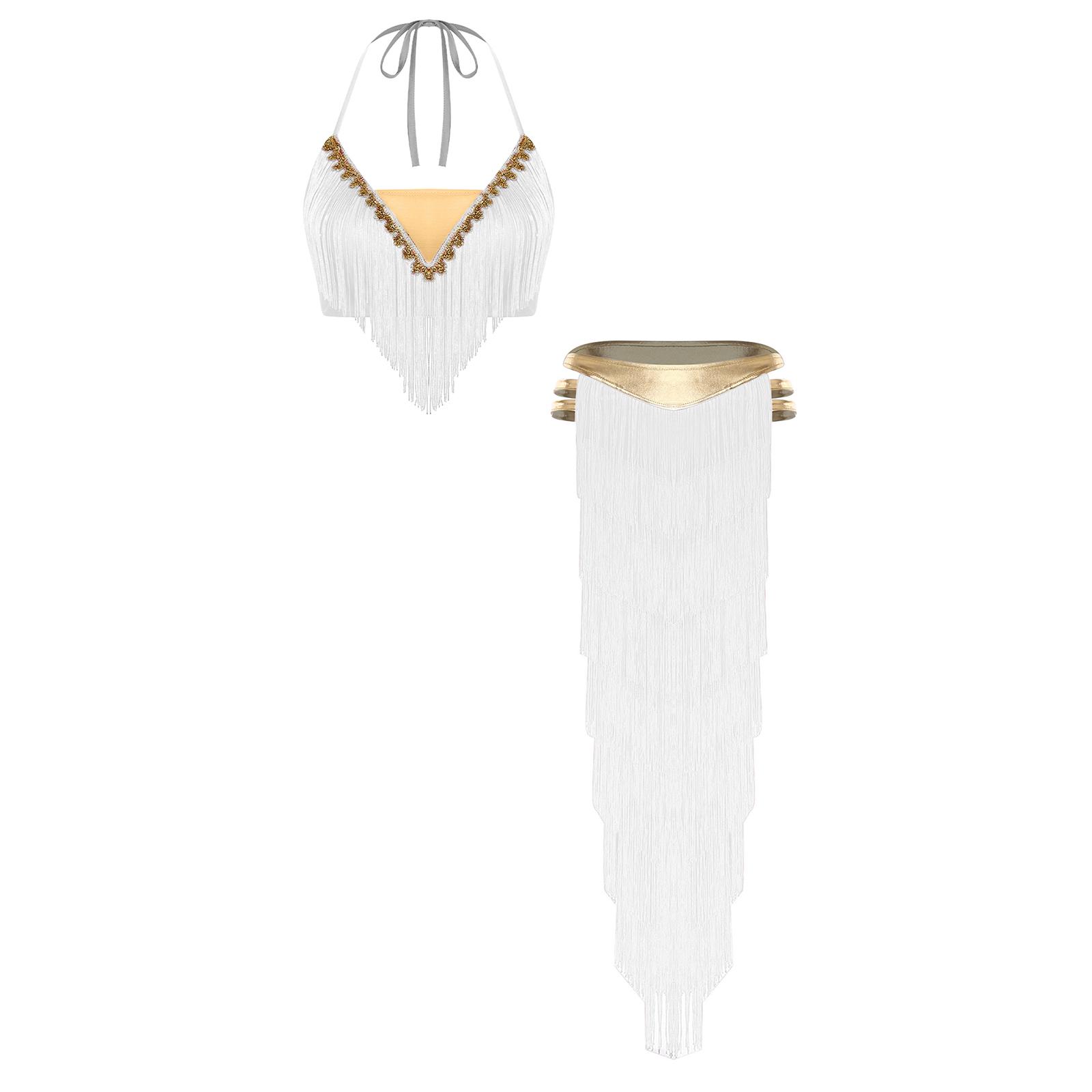 

Womens Fringed Dance Outfit Halter Top Lace Up Gold Trim Crop Top Irregular Hem Slit Tiered Skirt S білий