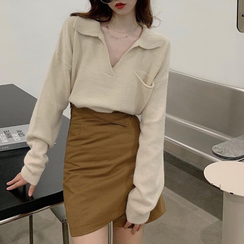 Hirsionsan oříznuté volné, jednobarevné pletené svetry s výstřihem do V, dámské Nové korejské kauzální retro svetry Minimalistické svetry s dlouhým rukávem