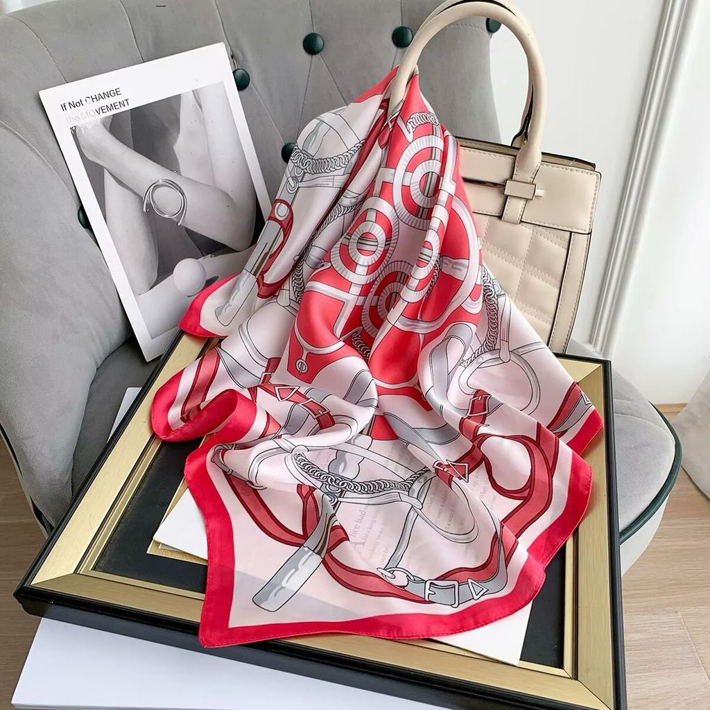 Luxury Horse Belt Print Silk Square Scarf Women Hijab Hair Bands Neckerchief Female Satin Shawl Ribbon Headband Fashion Bandana