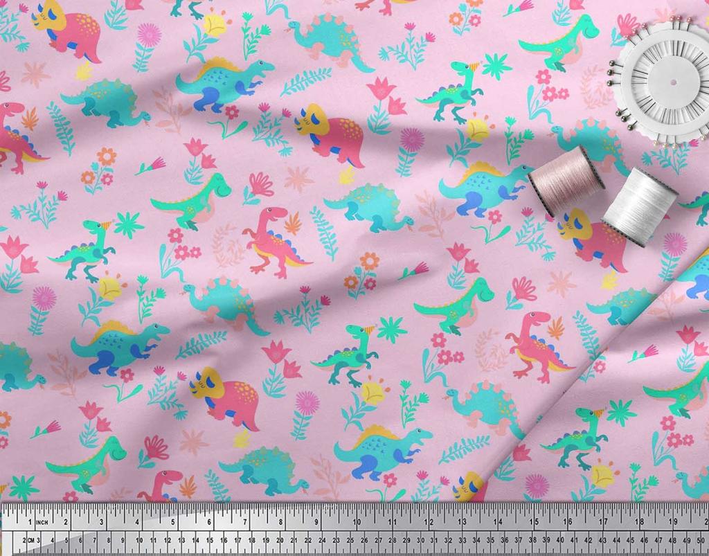 Soimoi Black Japan Crepe Satin Fabric Aster Flower & Dinosaur Kids Print Fabric by Metre 42 Inch