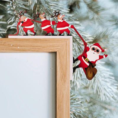 2pcs Christmas Door Corner Decoration Santa Claus Reindeer Wood Ornament Xmas Door Frame Decor for Wall Bedroom House Cabinet