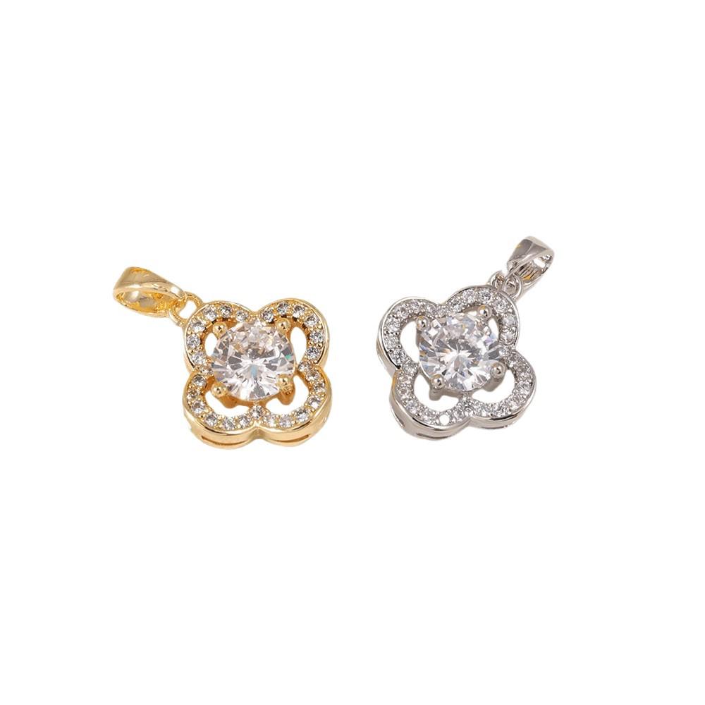 Two-Tone Four-Leaf Clover Diamond Halo Pendant Necklace in Gold and Silver - Women's Fashion Jewelry.