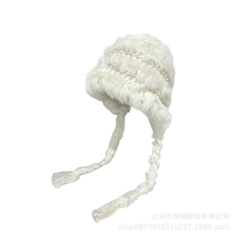 Rabbit fur knitted plush hat women's autumn and winter big head circumference showing face small wool ear protection hat cold protection plush hat