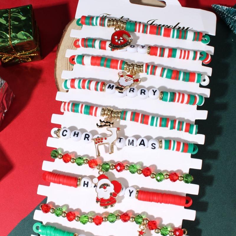Festive Adjustable Rope Bracelet Set With Santa Claus Snowman Charm 12PCS Zinc Alloy Holiday Gift For Women