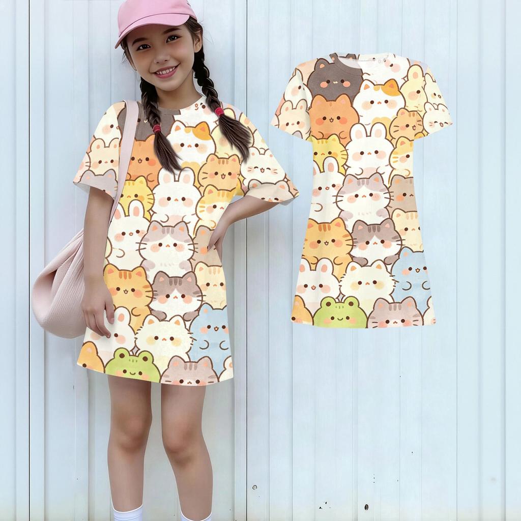 Girls Loose Fit Short Sleeve Dress Kids Casual Round Neck Lightweight Summer Dress with Animal Print Comfortable Fabric