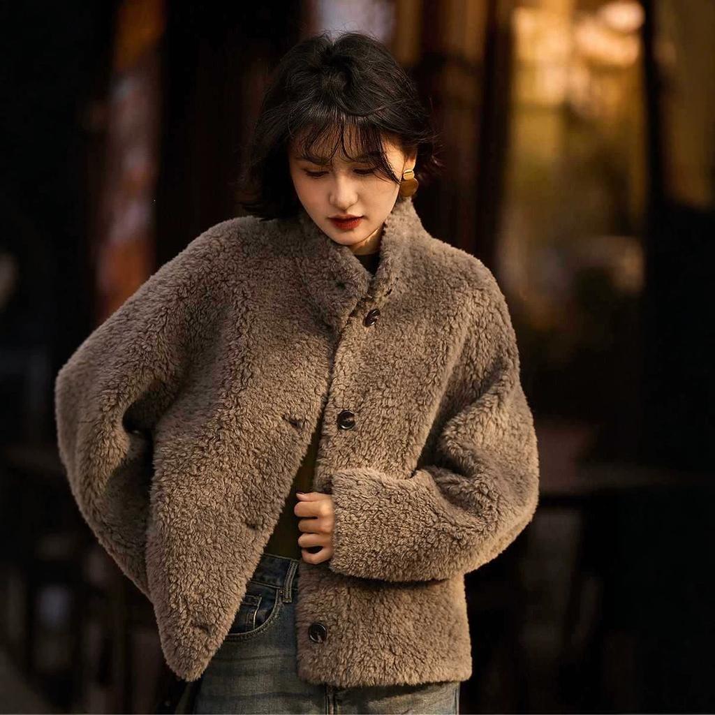 Winter senior high-end fur integrated environmentally friendly fur granular teddy roll fashionable stand-up collar short coat women