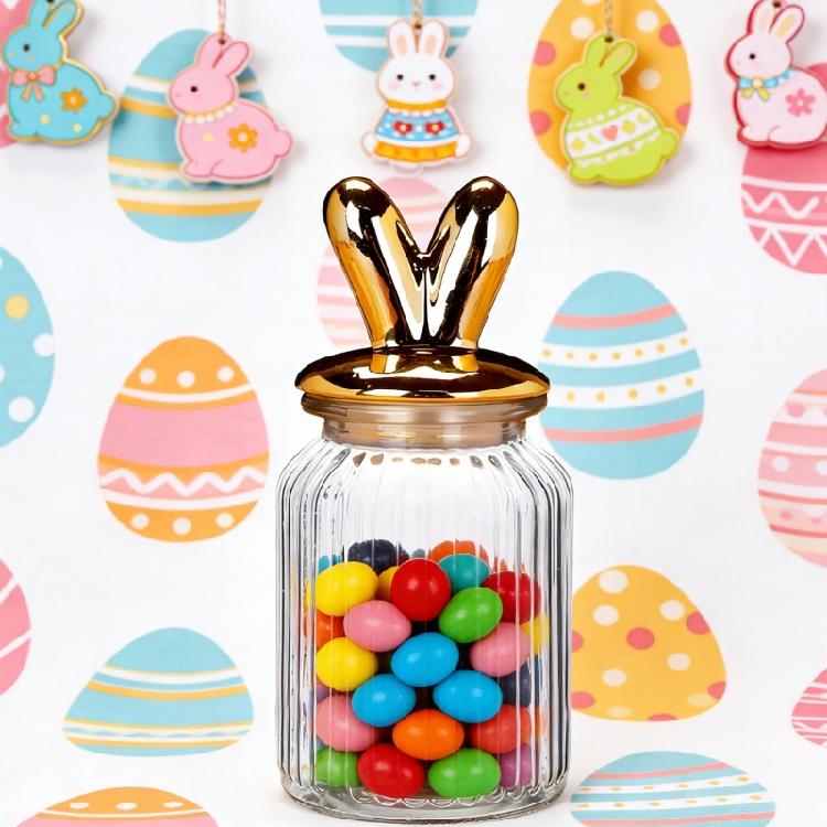 Glass Jars with Ceramic Bunnies Ear Lid Airtight Glass Container Easter Table Centerpieces Easter Decoration Easter Gift