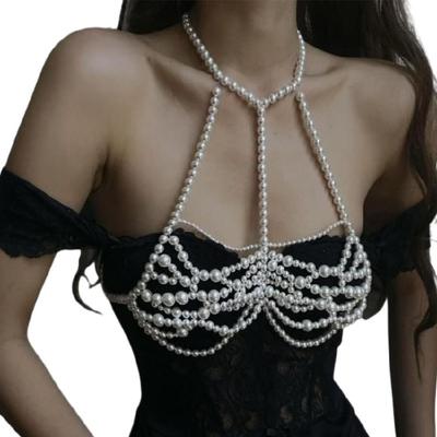 Pearls Body Chain Bra Multilayer Pearls Chest Chains Body Accessories Jewelry for Women Nightclub Raves Body Jewel