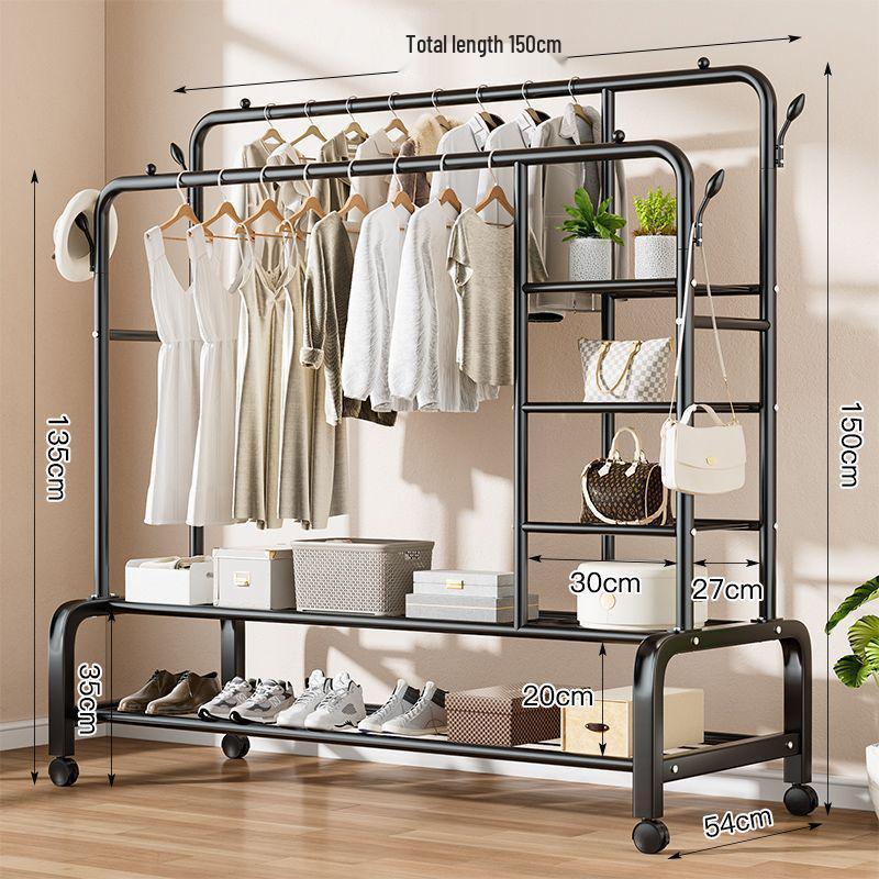 Indoor Double-Rod Floor-Standing Clothes Rack for Balcony or Bedroom