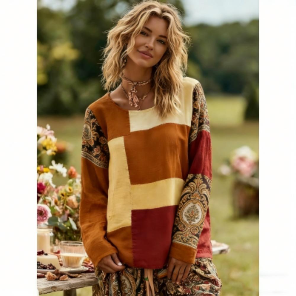 Spring Europe America Splicing Colors Flower Print Women's T-shirt Pullover Fashion Women Long Sleeve Clothing Outdoor Casual Tees Top