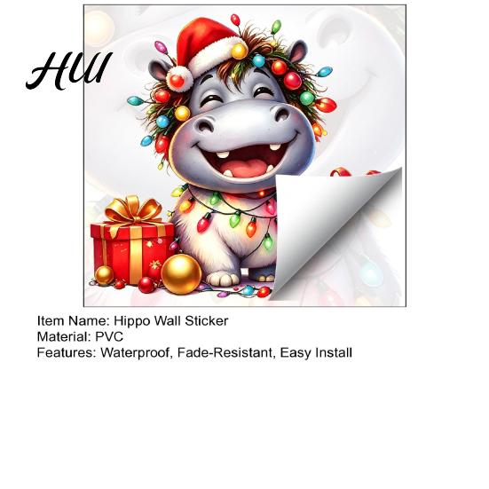 Hippo Wall Decals for Christmas Cartoon Decal, Cute Sticker with Colorful Lights & Holiday Glass Stickers Decor Xmas Balls, Waterproof Mural