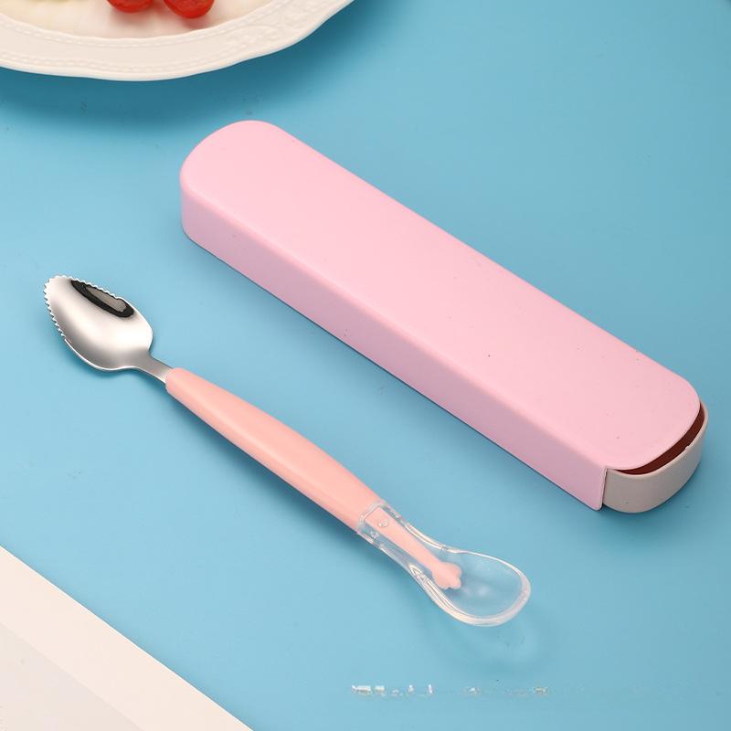 

Мультяшный силиконовый скребок из нержавеющей стали 304 для детских фруктов с двойной головкой, ящик для хранения земснаряда для детского питания 2set розовый