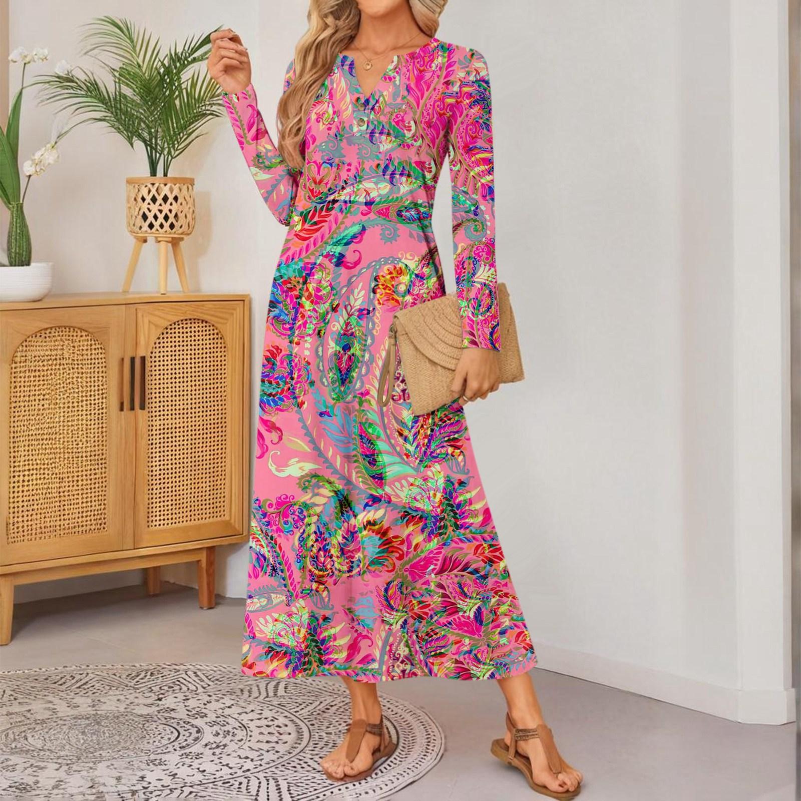 

Women Retro Printed Long-sleeved Comfortable Loose Dress, Elegant Dress XL