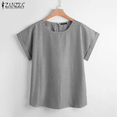 Women Casual Round Neck Short Sleeve Striped Loose Blouse