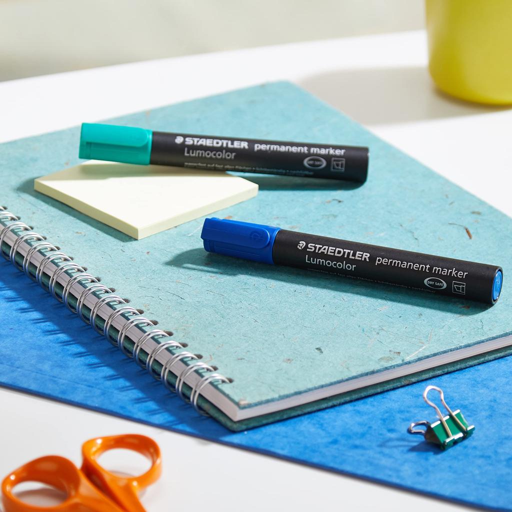 Staedtler Lumocolor Permanent Markers, Wide Chisel Tip, Refillable, 4 Colors (Red, Blue, Green, Black) 350 WP4