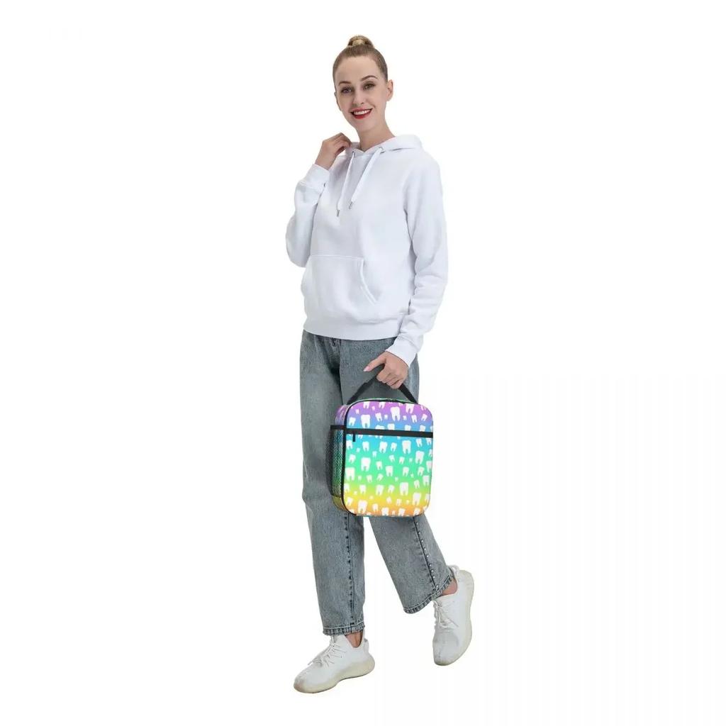 Rainbow Tooth Pattern Resuable Lunch Boxes Waterproof Teeth Cooler Thermal Food Insulated Lunch Bag Kids School Children