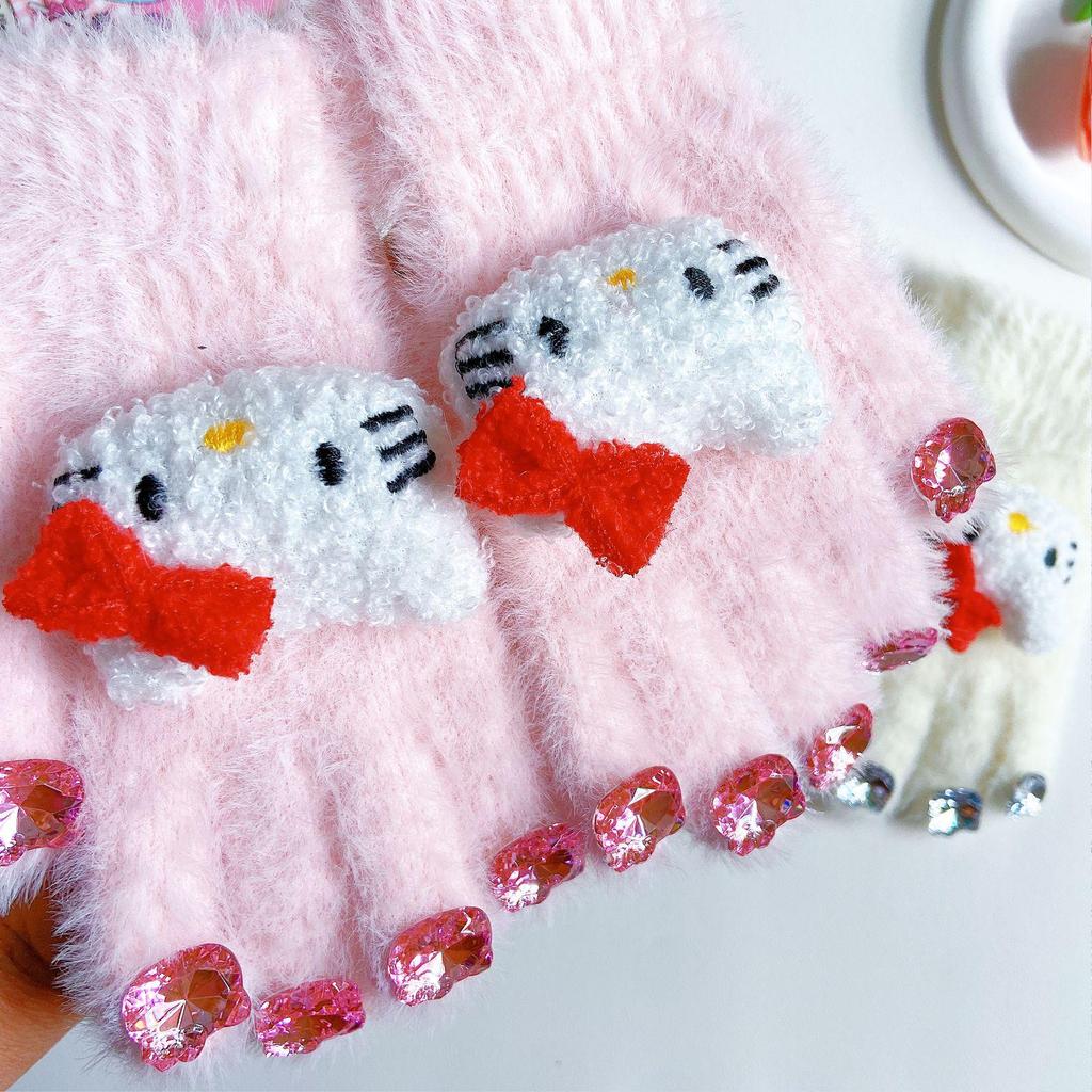 Hello Kitty Winter Gloves for Girls - Warm, Diamond-Patterned, Imitation Rabbit Fur, Perfect for Cold Protection and Cycling.