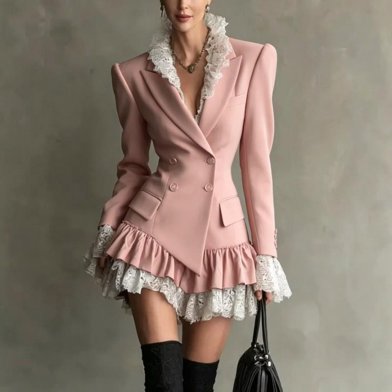 Womens Elegant Office Wear Lace-Panel Long Sleeve Blazer Dress Coat 2026