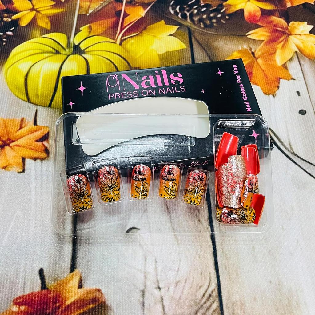 Fall Press On Nails Medium Square Fake Nails with Designs Maple Leaf Stick On Nail Thanksgiving Acrylic False Nail Bling Sequins Artificial Nail