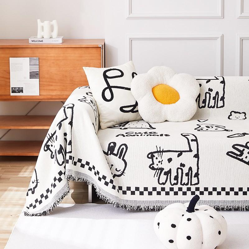 Ins Simple Cartoon Sofa Towel Chenille Anti-cat Scratch Sofa Cover Cloth Four Seasons Universal Sofa Cover Sofa Blanket