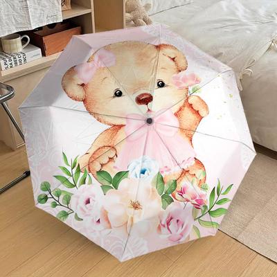 1PC Teddy Bear Flowers Pattern Small Travel Compact Windproof Umbrella, Automatic Folding Umbrella, Automatic Open/Close ,Gift-149