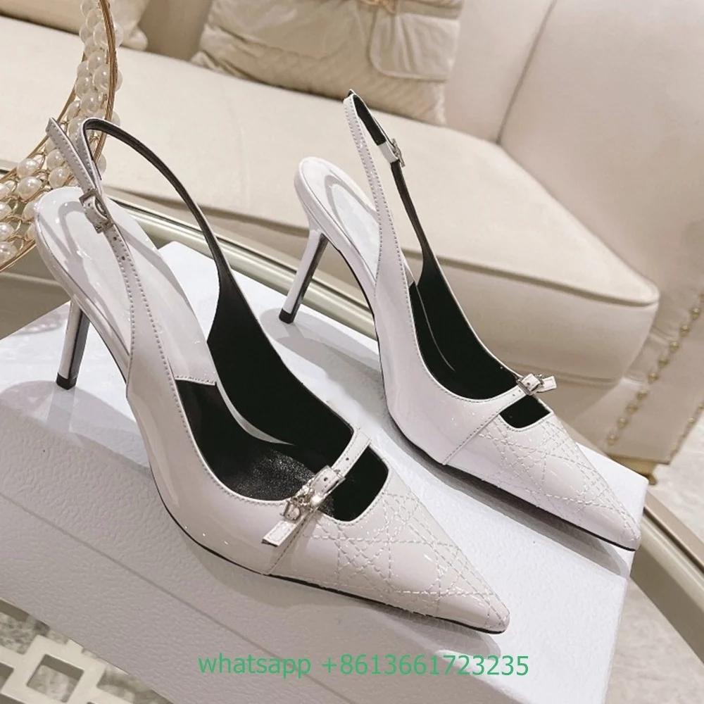 Women Summer Pointed Toe  Pumps Buckle Shallow Stiletto High Heels Back Strap Slip On Sandals Sexy Shiny Leather Shoes