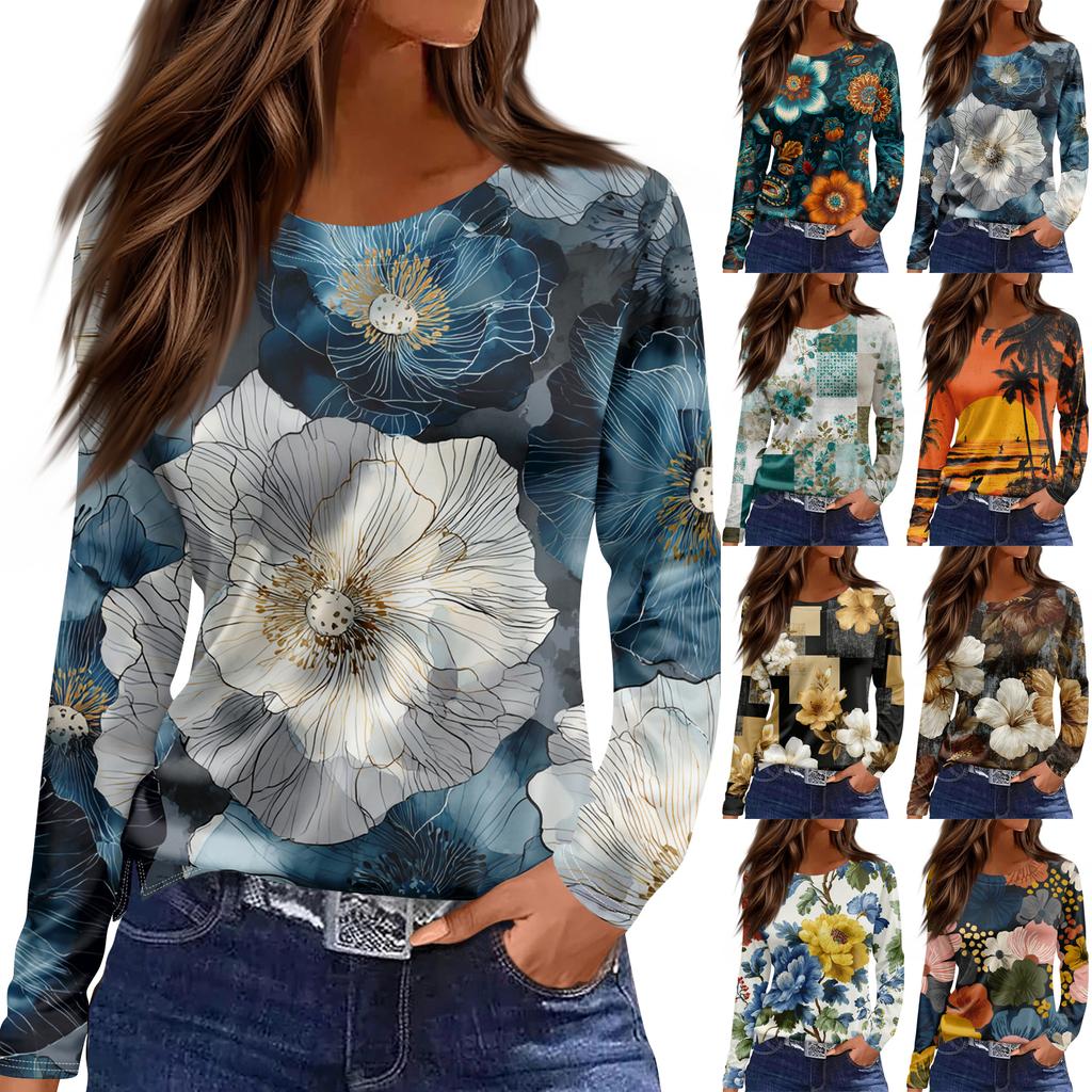 Women's Fashion Hem Slit Casual Retro Floral Print Round Neck Long Sleeve Top
