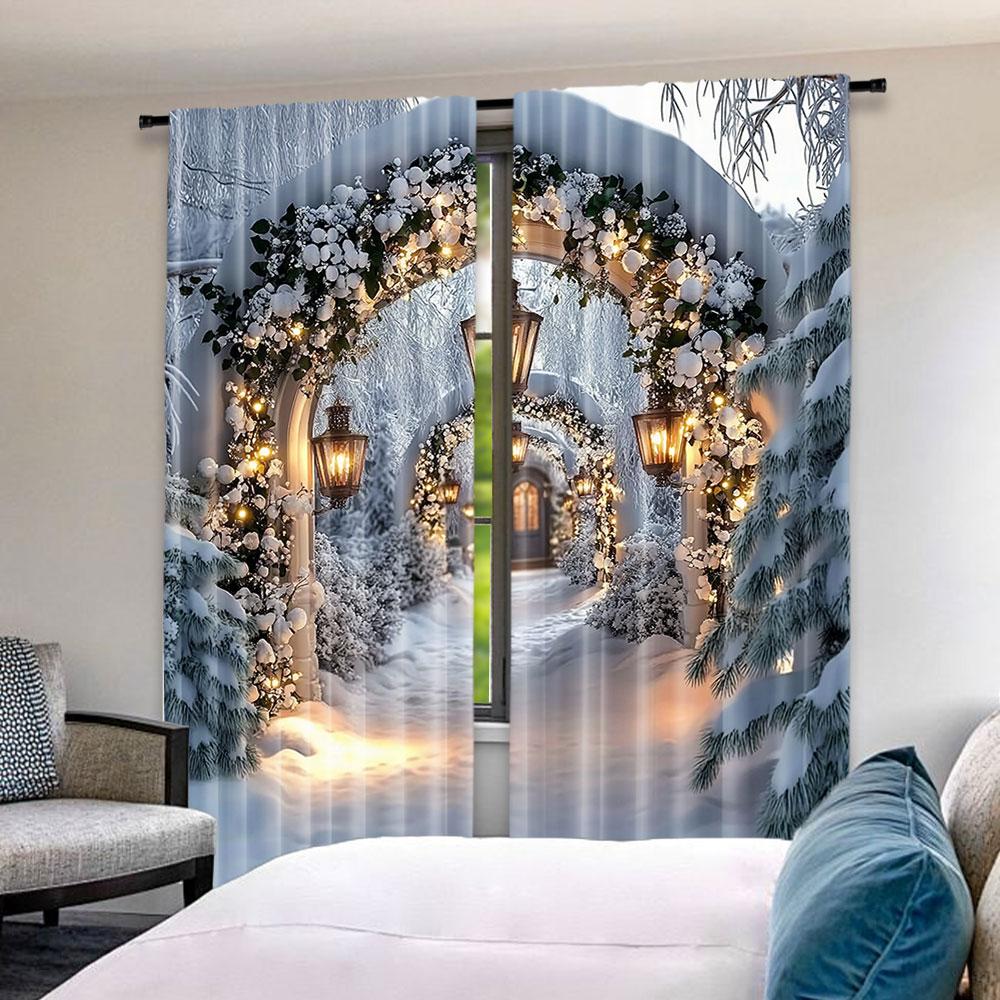 2Pcs Christmas Curtains Xmas Tree Christmas Arches Wall Corridor Large White Snow Scene Suitable For Bedroom Living Room Dining