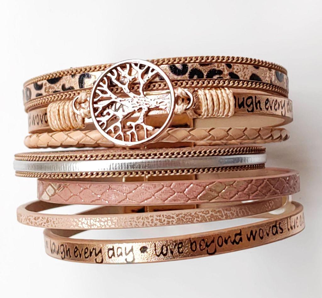 Hollow Tree of Life Multi-Layer Pearl Leather Bracelet with Magnetic Clasp