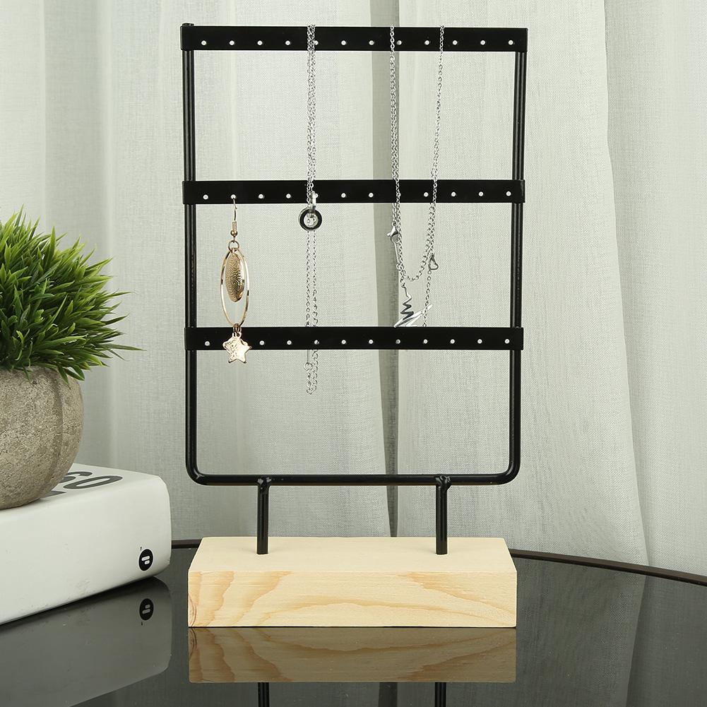 36 Holes Metal Jewelry Storage Rack Display Stand Earrings Necklace Organizer with Wood Base