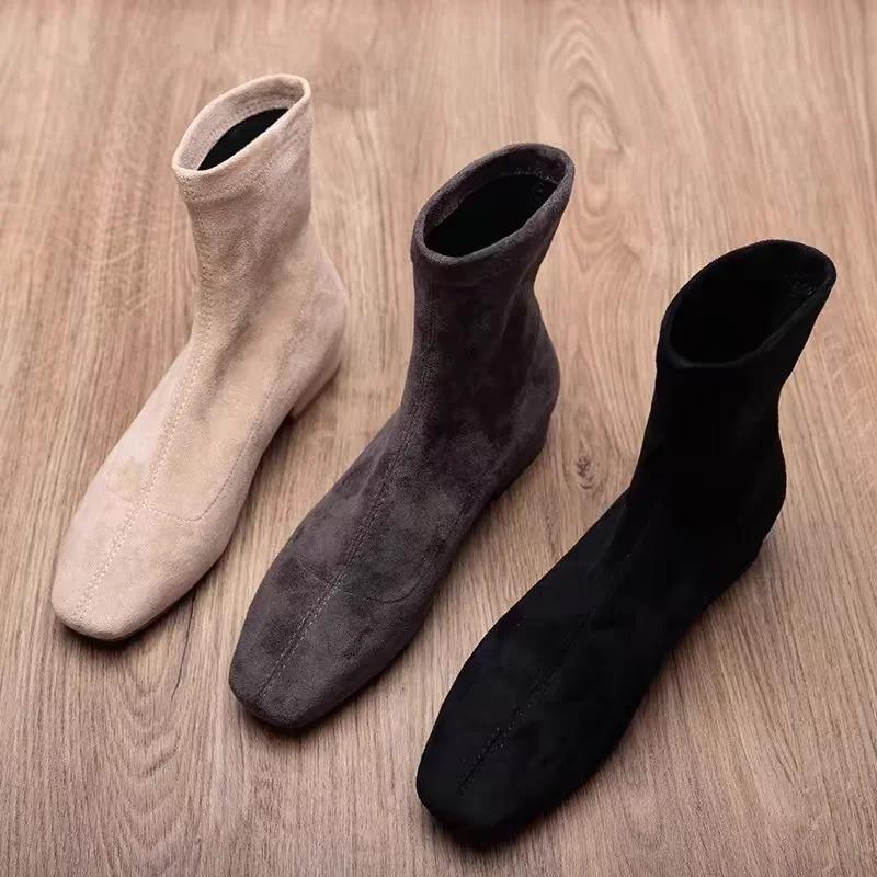 Flats Ankle Boots Suede Warm Women Shoes Winter Brand Square Toe Casual Chelsea 2025 Trend Low Heels Snow Boots Mujer Zapatos