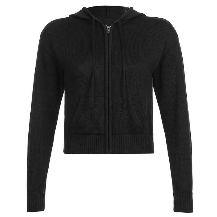 Women Full Zip Knit Hoodie Casual Long Sleeve Solid Color Drawstring Sweatshirt Cardigan Zip Up Y2K Clothing S